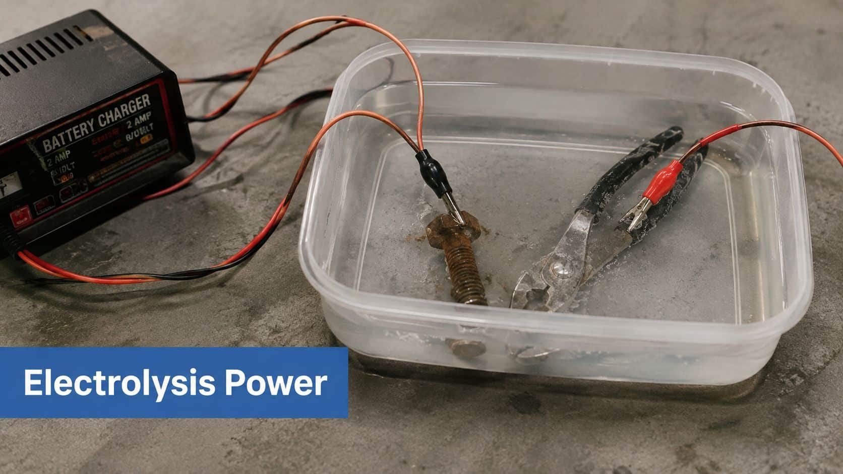 A battery charger connected to metal tools submerged in a water bath for electrolytic rust removal.