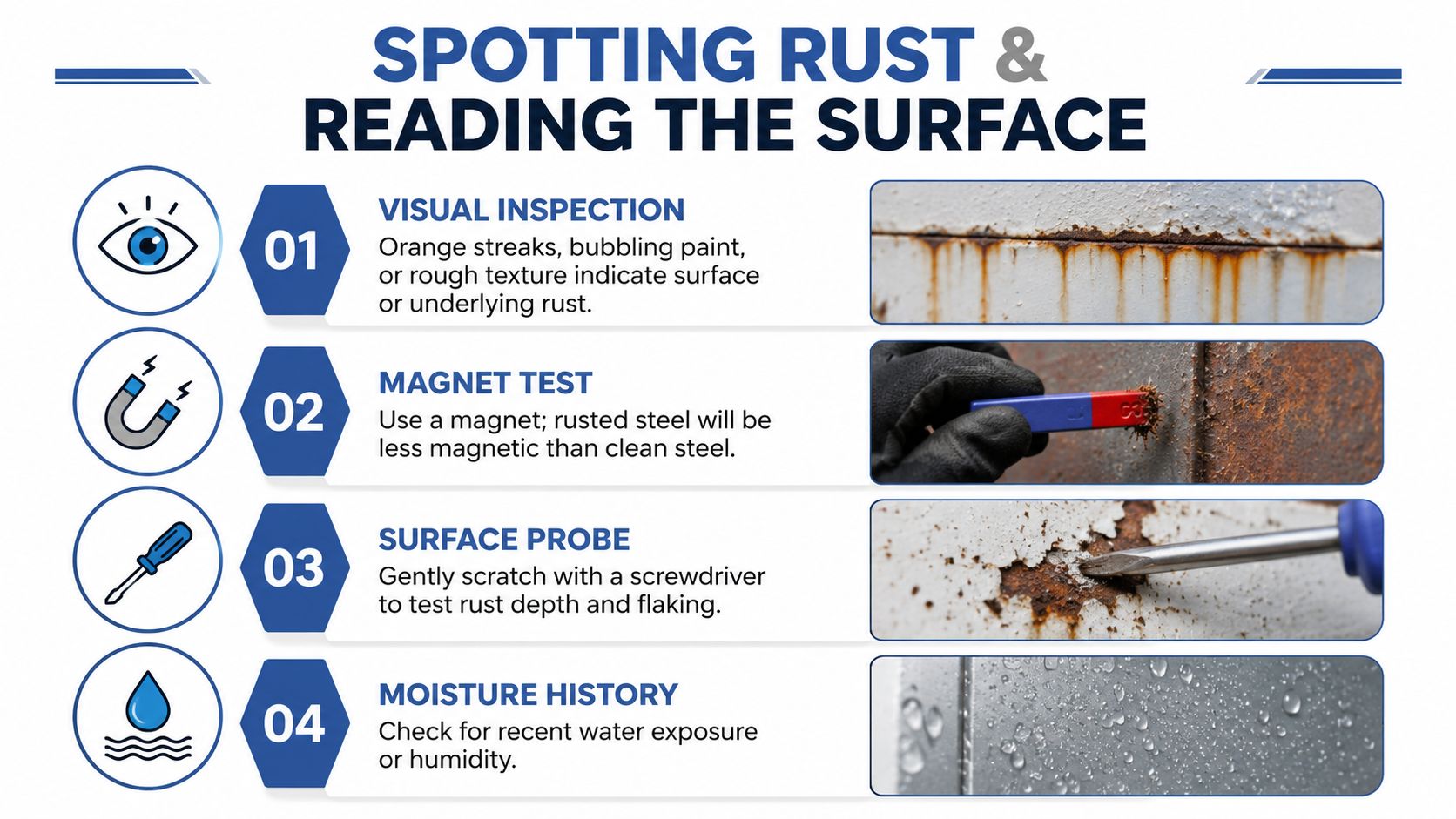 An infographic detailing four methods to inspect for rust on metal surfaces including visuals and instructions.
