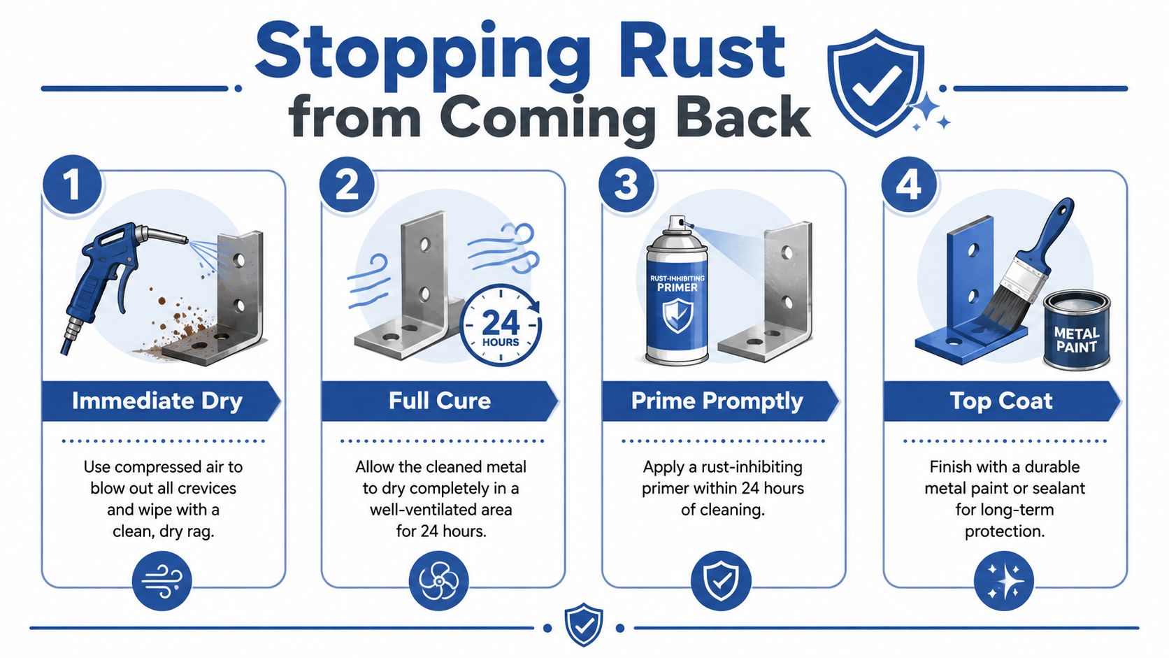A four-step infographic illustrating the professional process of cleaning and sealing metal to prevent rust recurrence.