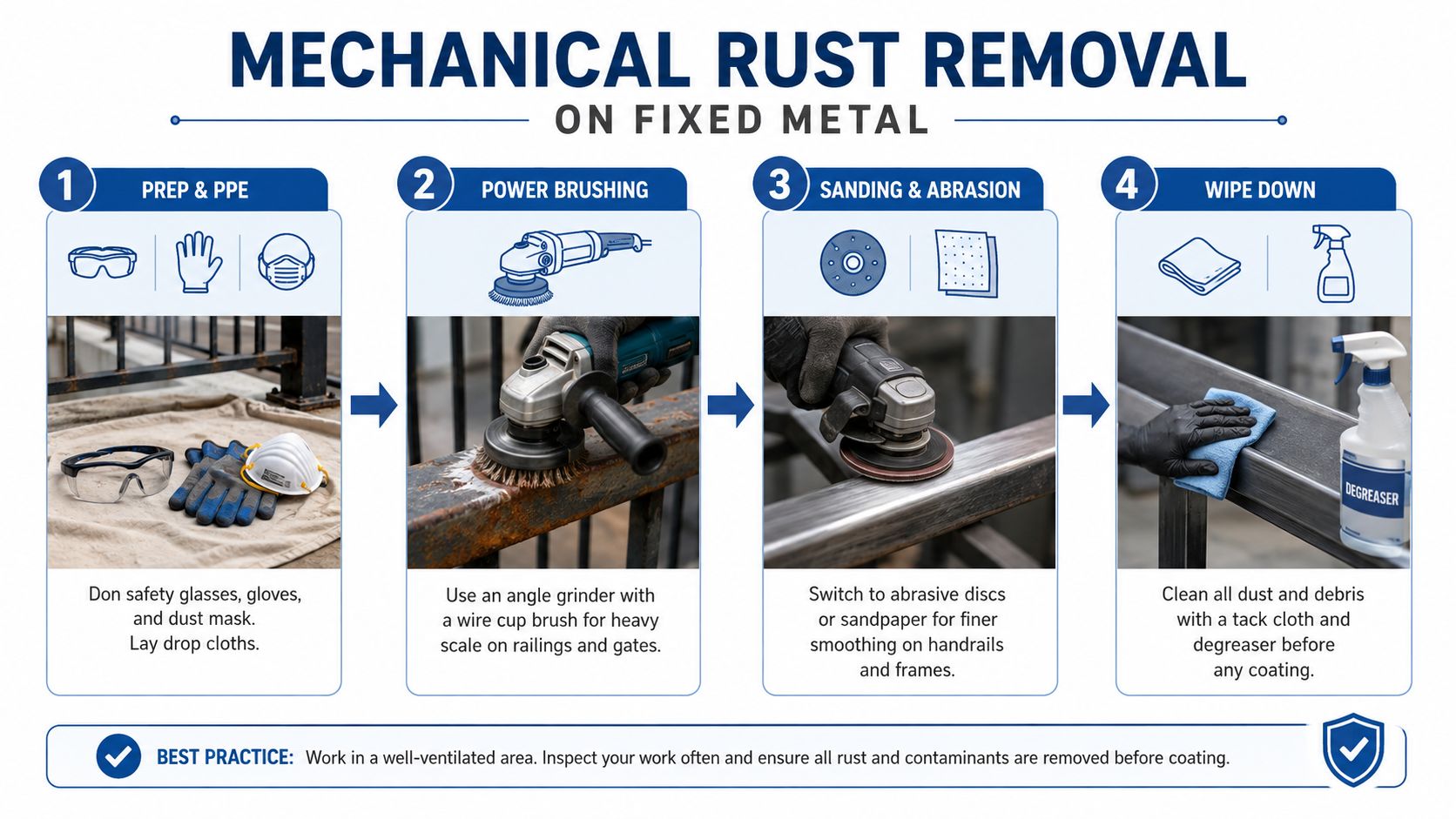 A four-step infographic illustrating the process of removing rust from fixed metal structures using power tools.