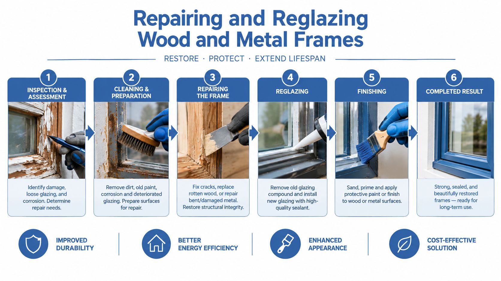 A six-step infographic illustrating the professional process of restoring, repairing, and reglazing wooden and metal window frames.