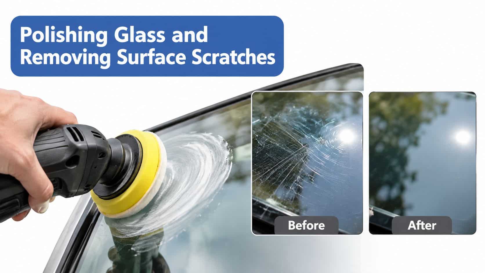 A hand using a power polisher on a car windshield to remove deep glass scratches and haze.