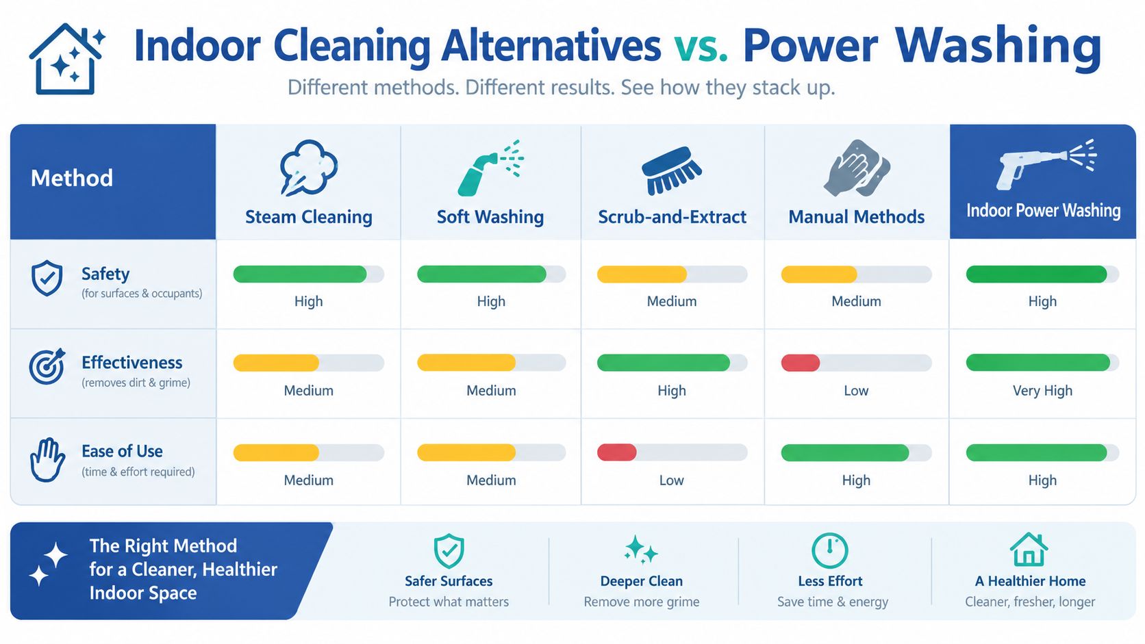A comparison chart showing the safety, effectiveness, and ease of use for various indoor cleaning methods.