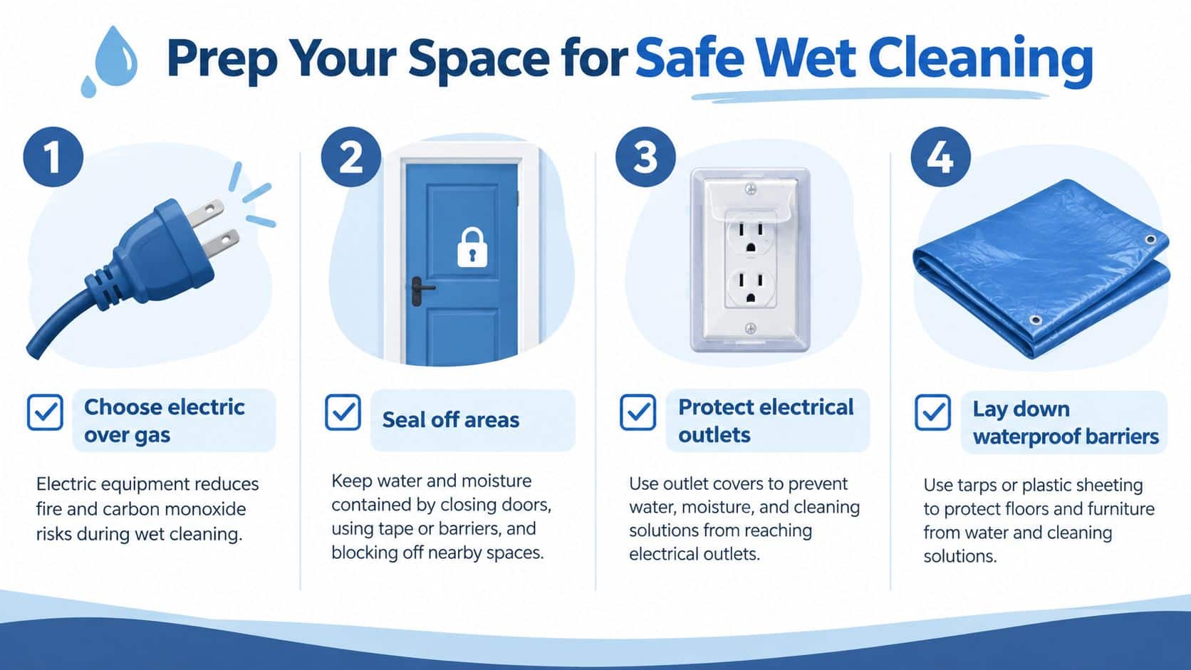 An infographic showing four essential safety steps for preparing a room before performing wet cleaning tasks.