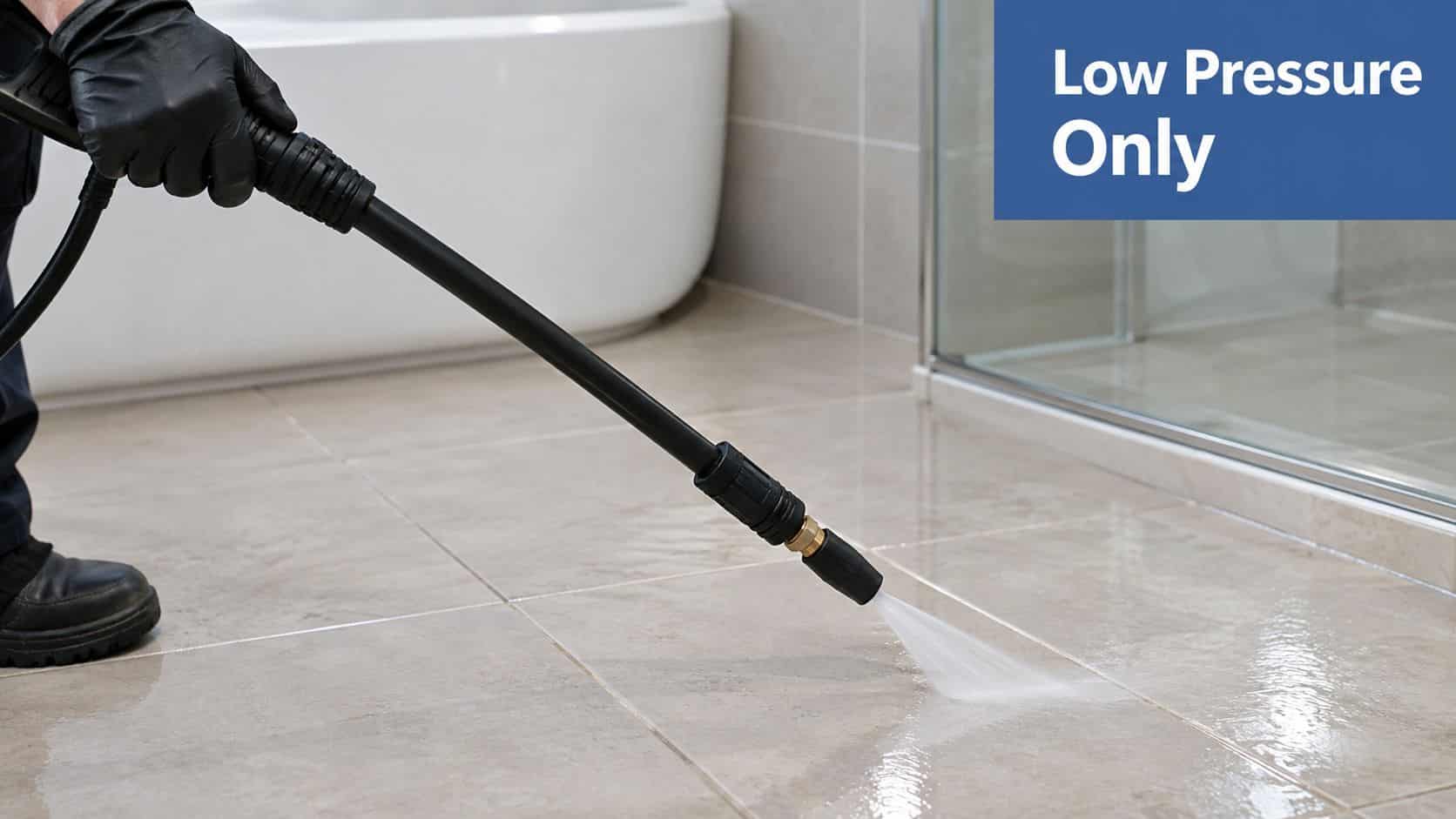 A professional cleaning service worker uses a power washer to clean tiled floors inside a bathroom.