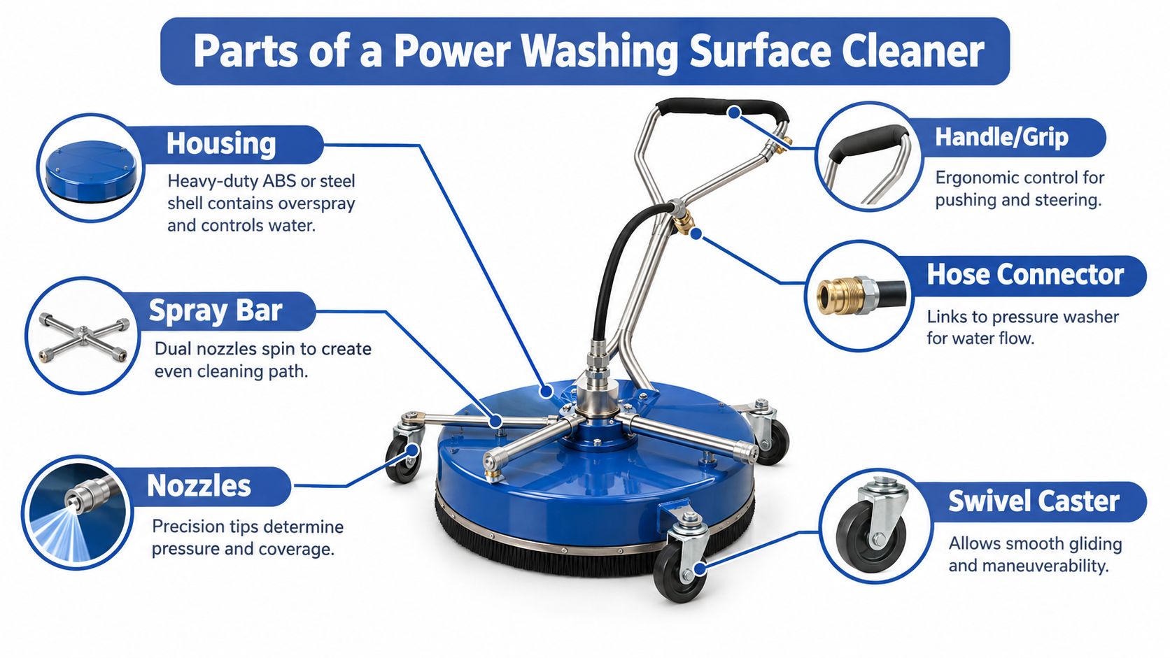 A diagram illustrating the essential components of a blue power washing surface cleaner with labeled parts.