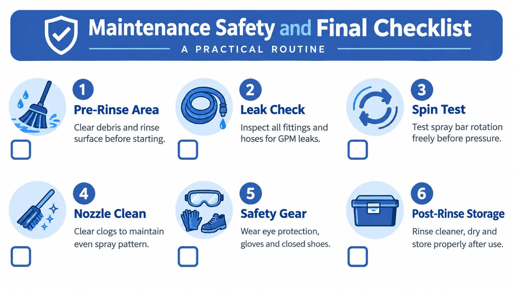 A checklist graphic titled Maintenance Safety and Final Checklist for power washing surface cleaner equipment maintenance.