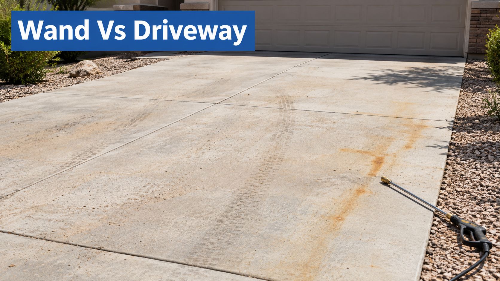 A pressure washing wand resting on a dirty concrete driveway with noticeable tire tracks and stains.