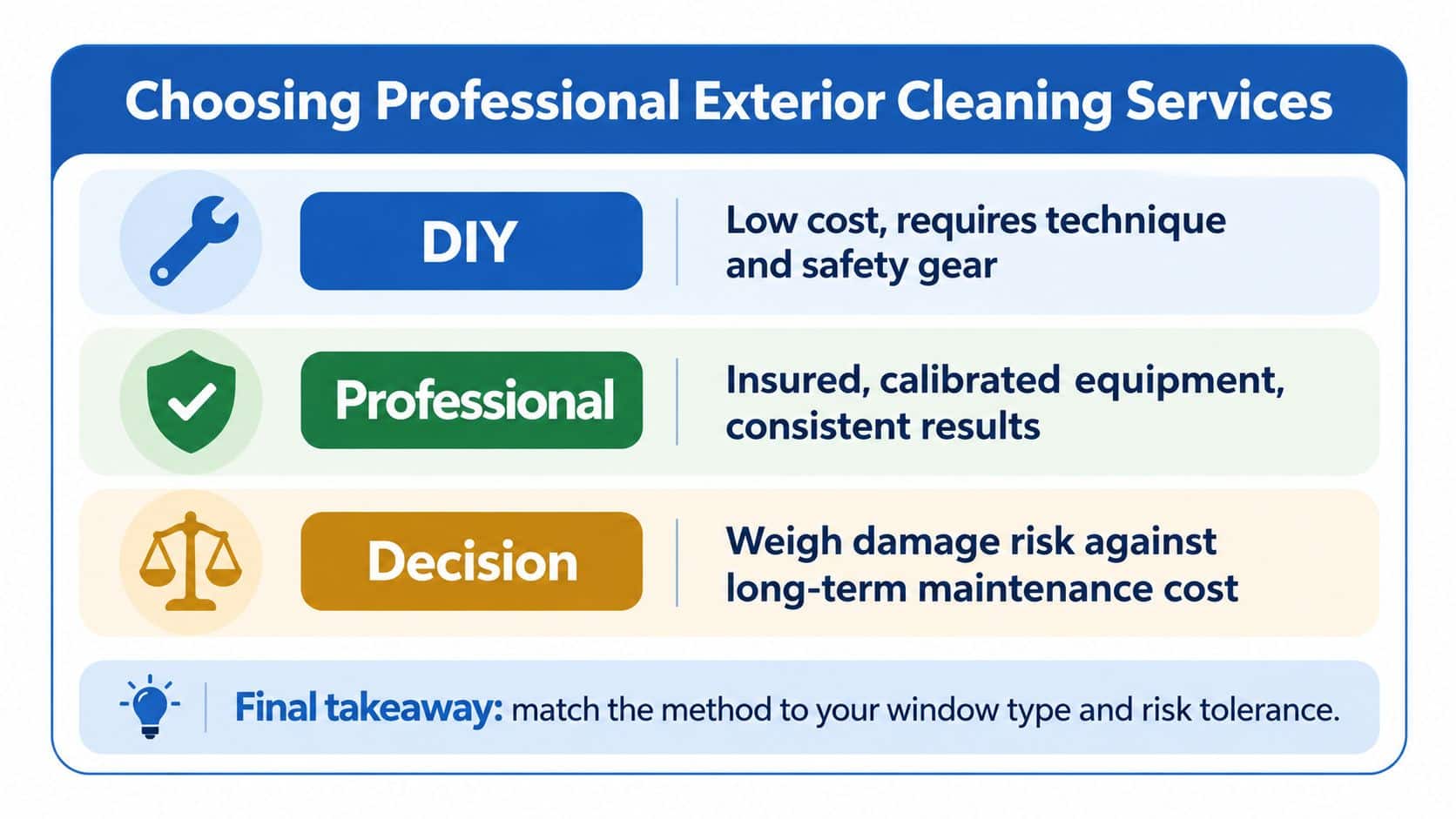 A comparison chart outlining DIY versus professional exterior window cleaning services, including factors like cost and risks.