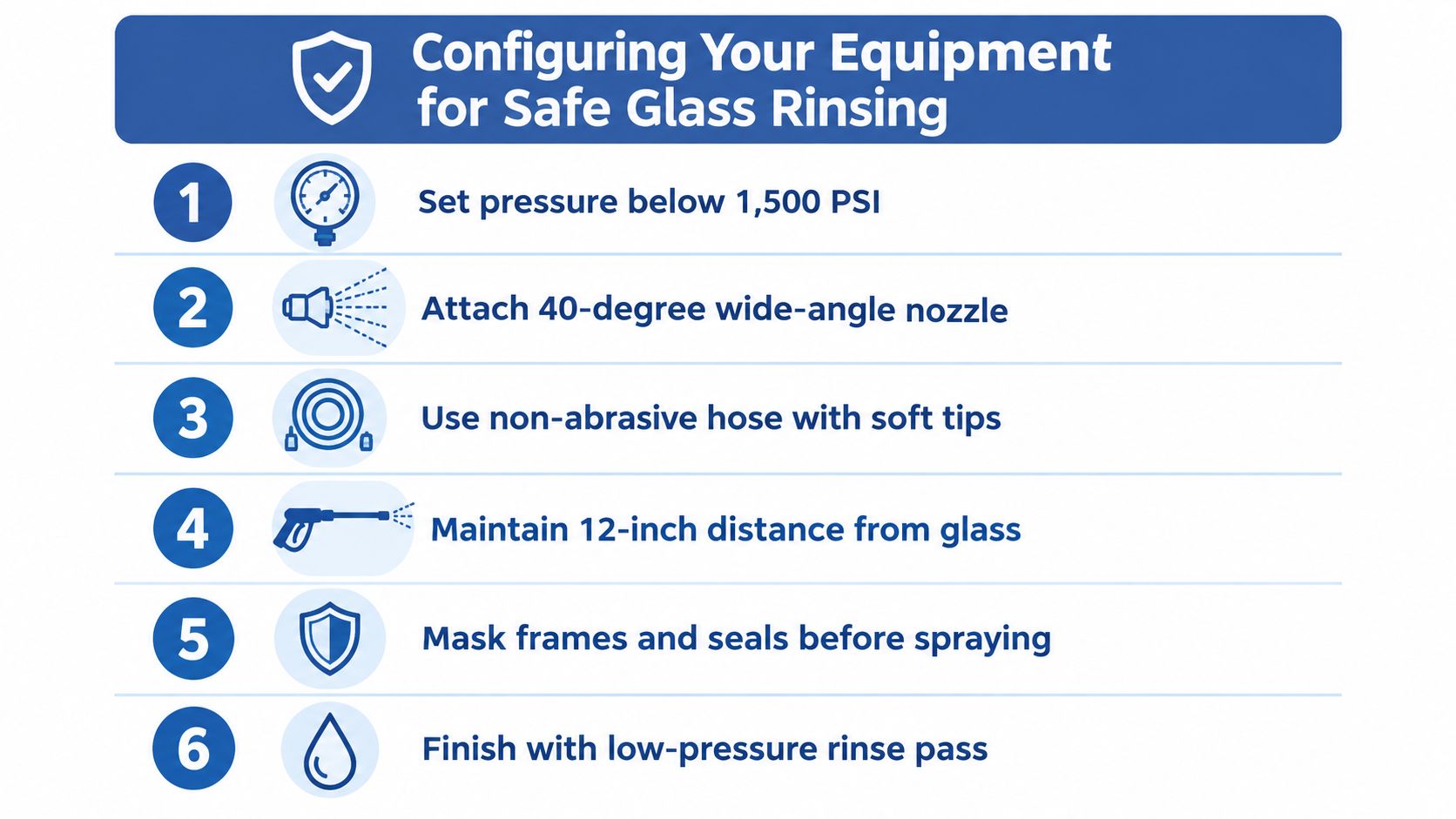 A six-step infographic guide on how to safely rinse glass windows using a pressure washer.