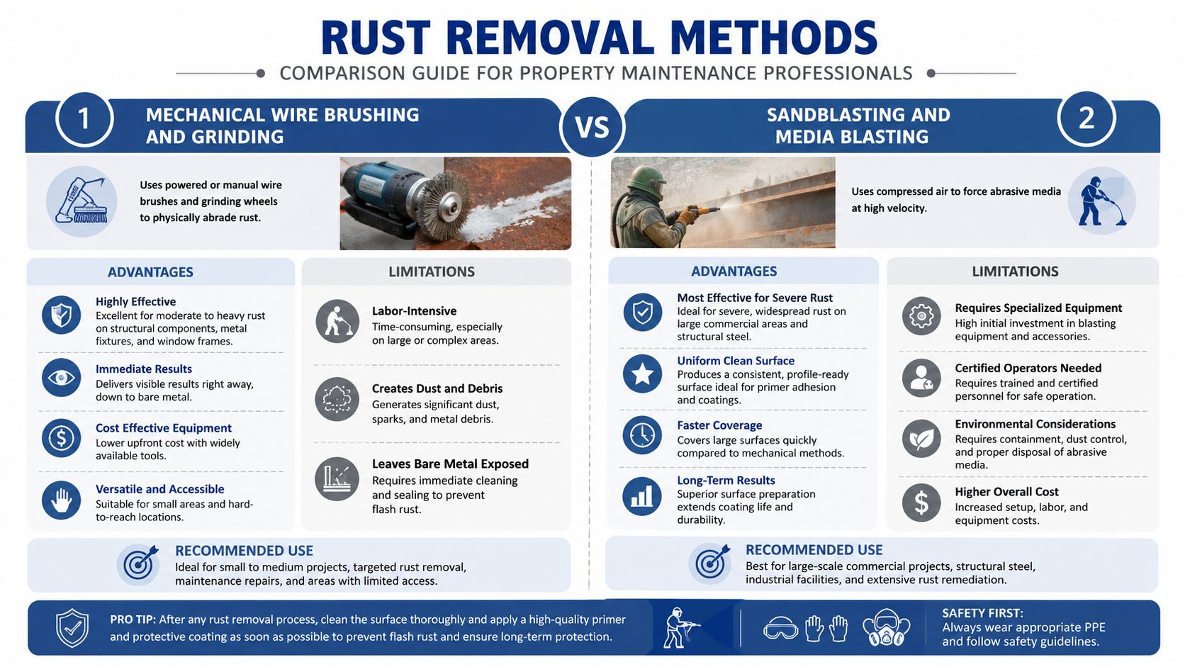 A comparison guide for property maintenance professionals outlining the differences between mechanical wire brushing and sandblasting for rust removal.