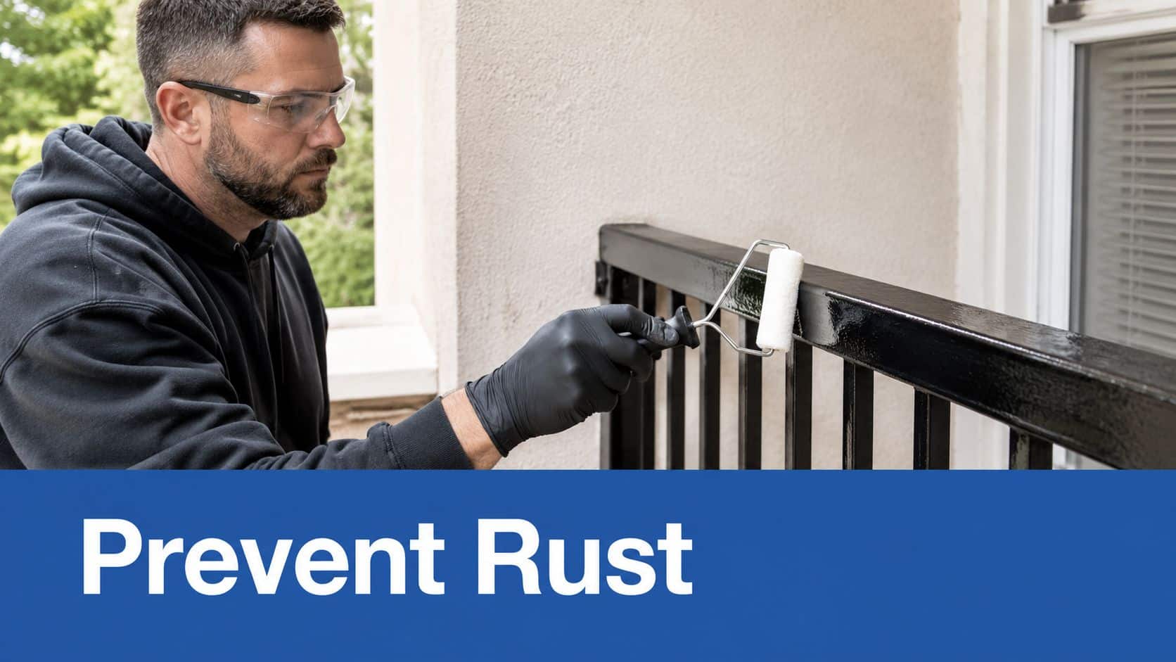 A man wearing protective gear and gloves painting a metal railing black to prevent rust.