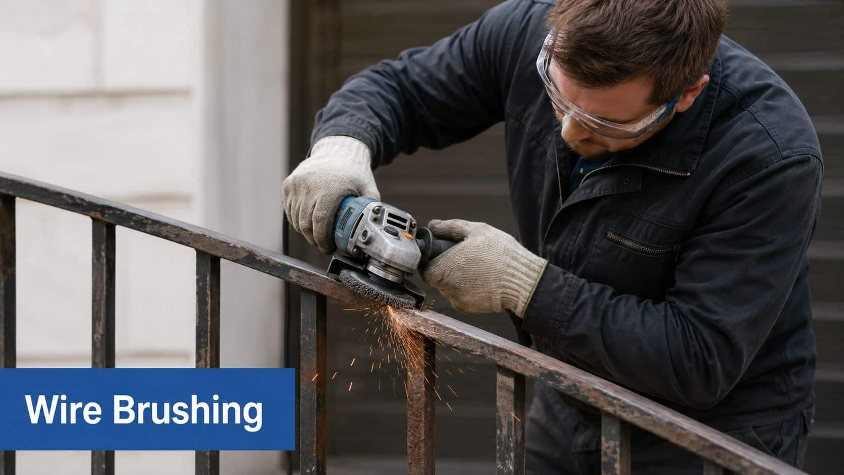 A professional construction worker uses a power wire brush tool to remove rust from a metal railing.