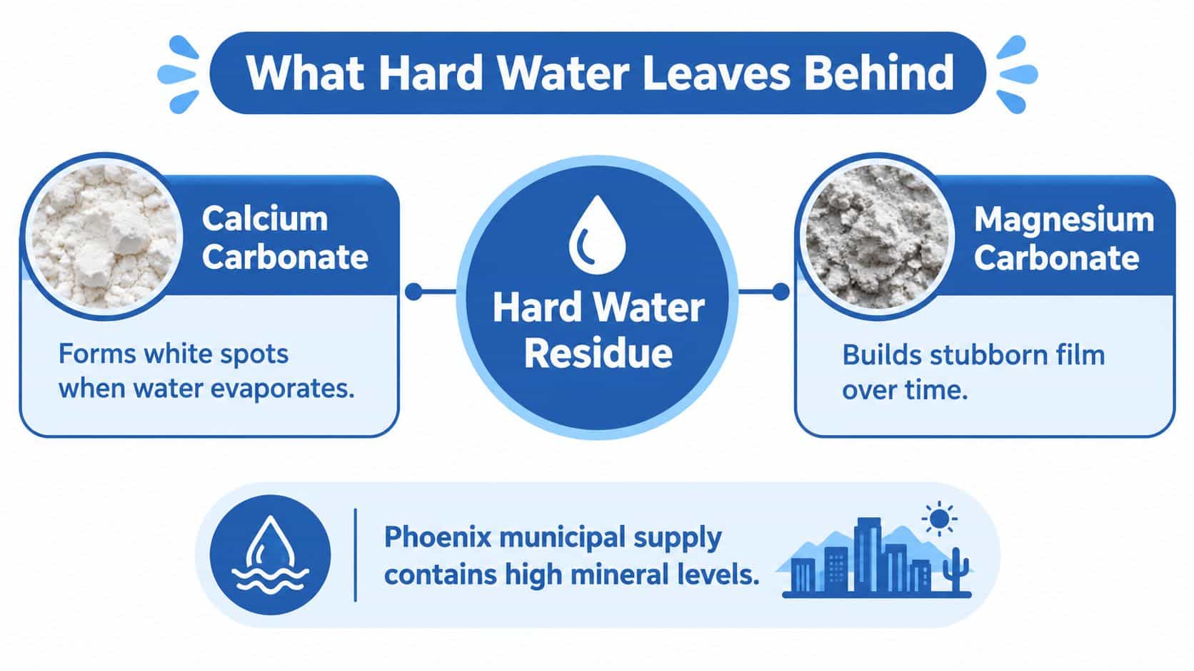 An infographic showing that hard water leaves calcium carbonate and magnesium carbonate residues on surfaces in Phoenix.
