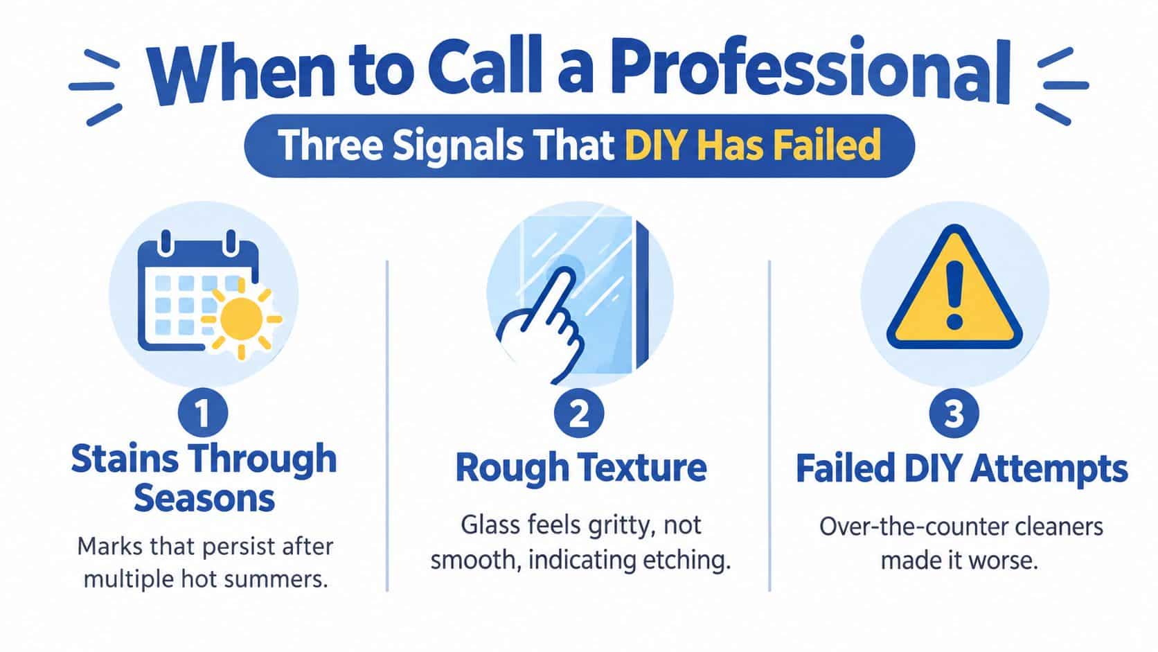 An infographic detailing three signs that professional window restoration is needed instead of DIY cleaning.