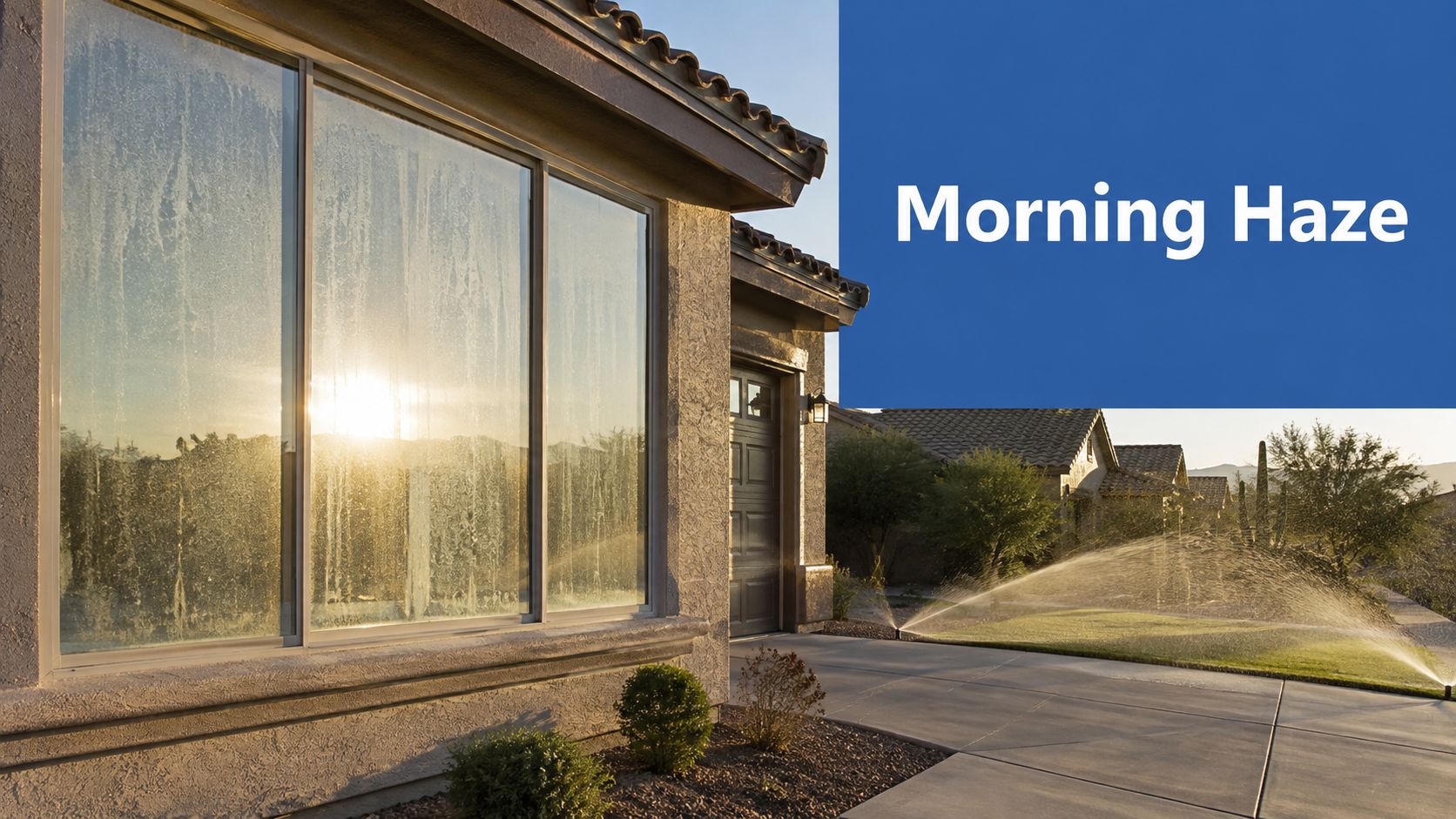 Morning sunlight shines through a large house window featuring visible hard water stains and mineral streaks.