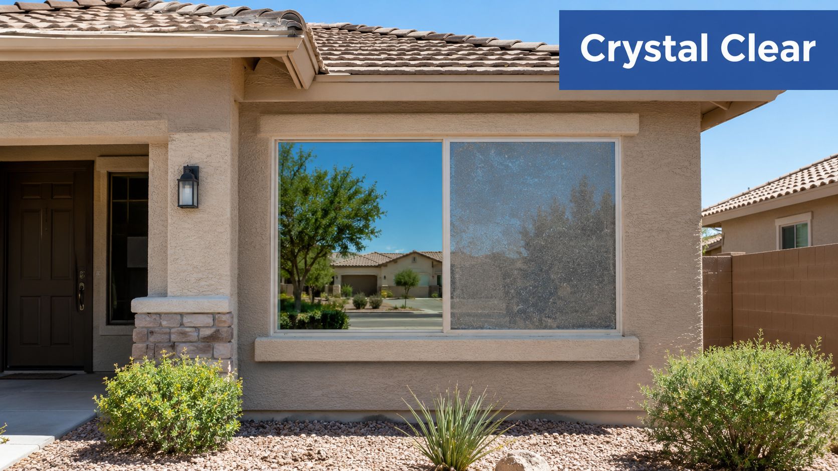A house window showing a split screen comparison of a dirty window versus a clean window.