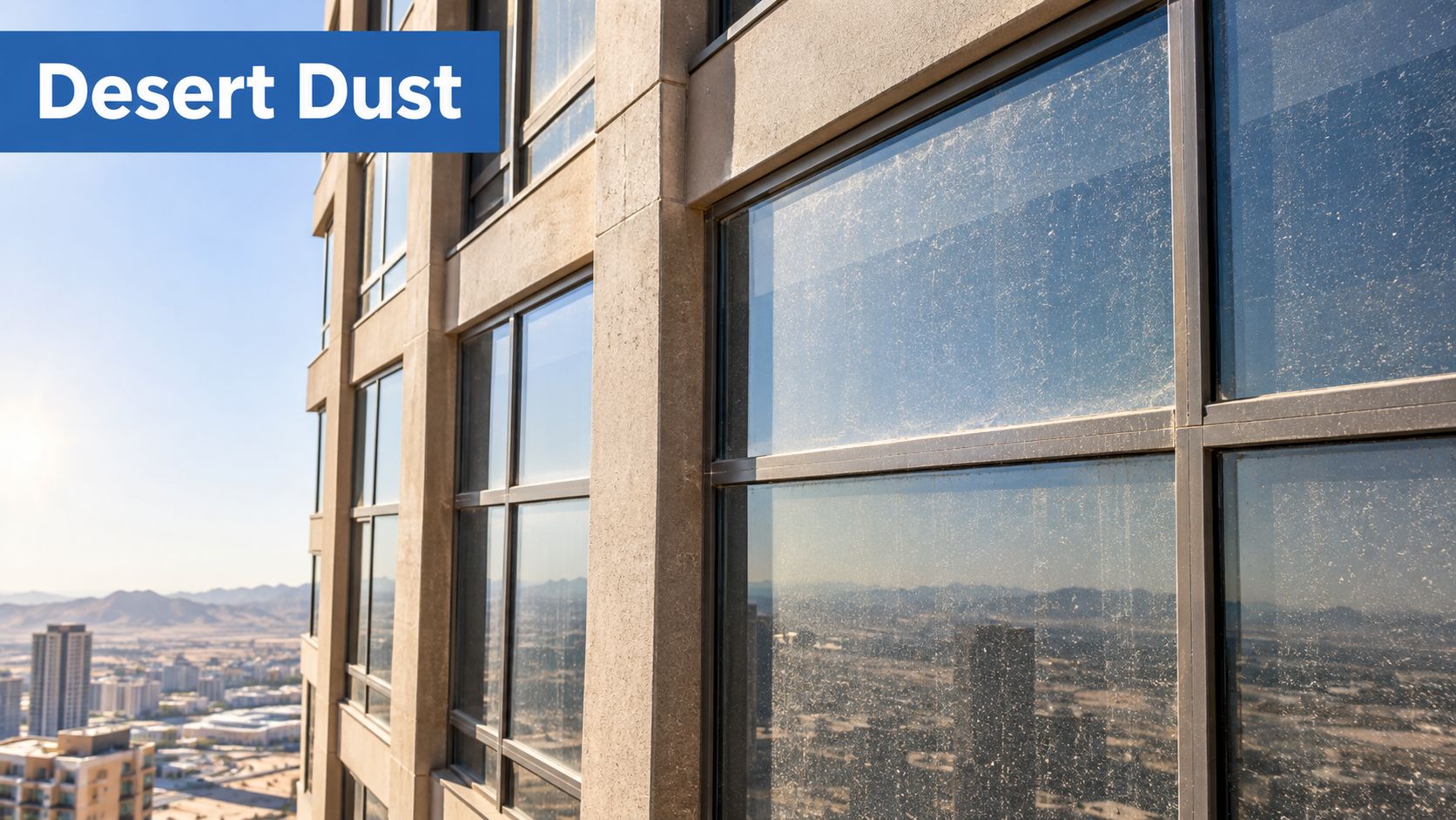 A close up view of a dirty high rise office building window with dust streaks and city views.