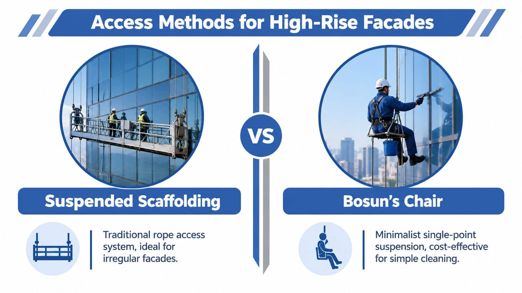 A comparison graphic showing suspended scaffolding and a bosun's chair used for high-rise window cleaning access.