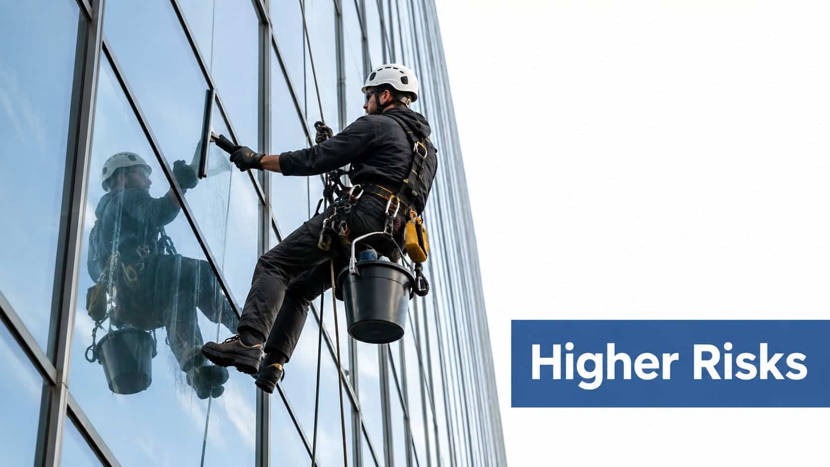 A professional window cleaner suspended by ropes while cleaning the glass exterior of a high-rise building.
