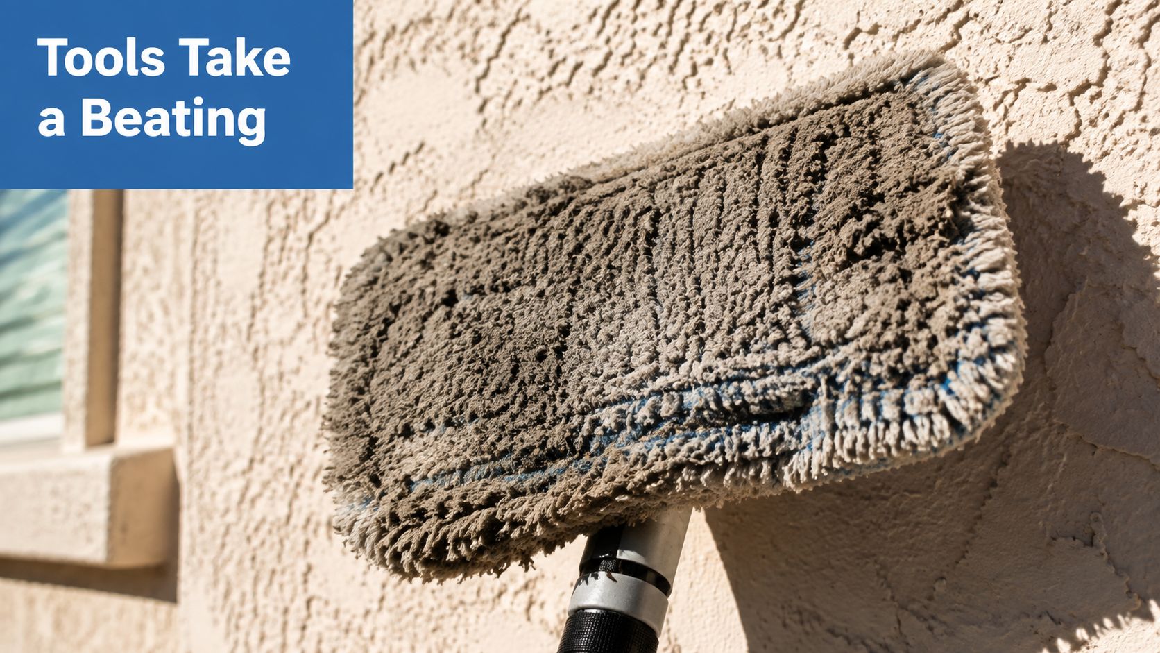A dirty and worn microfiber mop head used for cleaning outdoor surfaces resting against a textured wall.