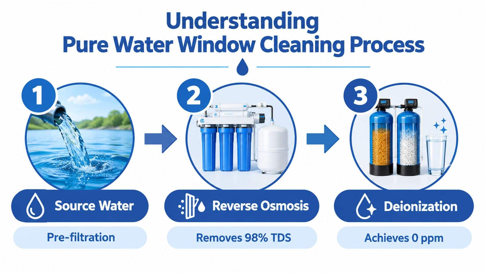 A diagram illustrating the three-step water purification process for pure water window cleaning systems.