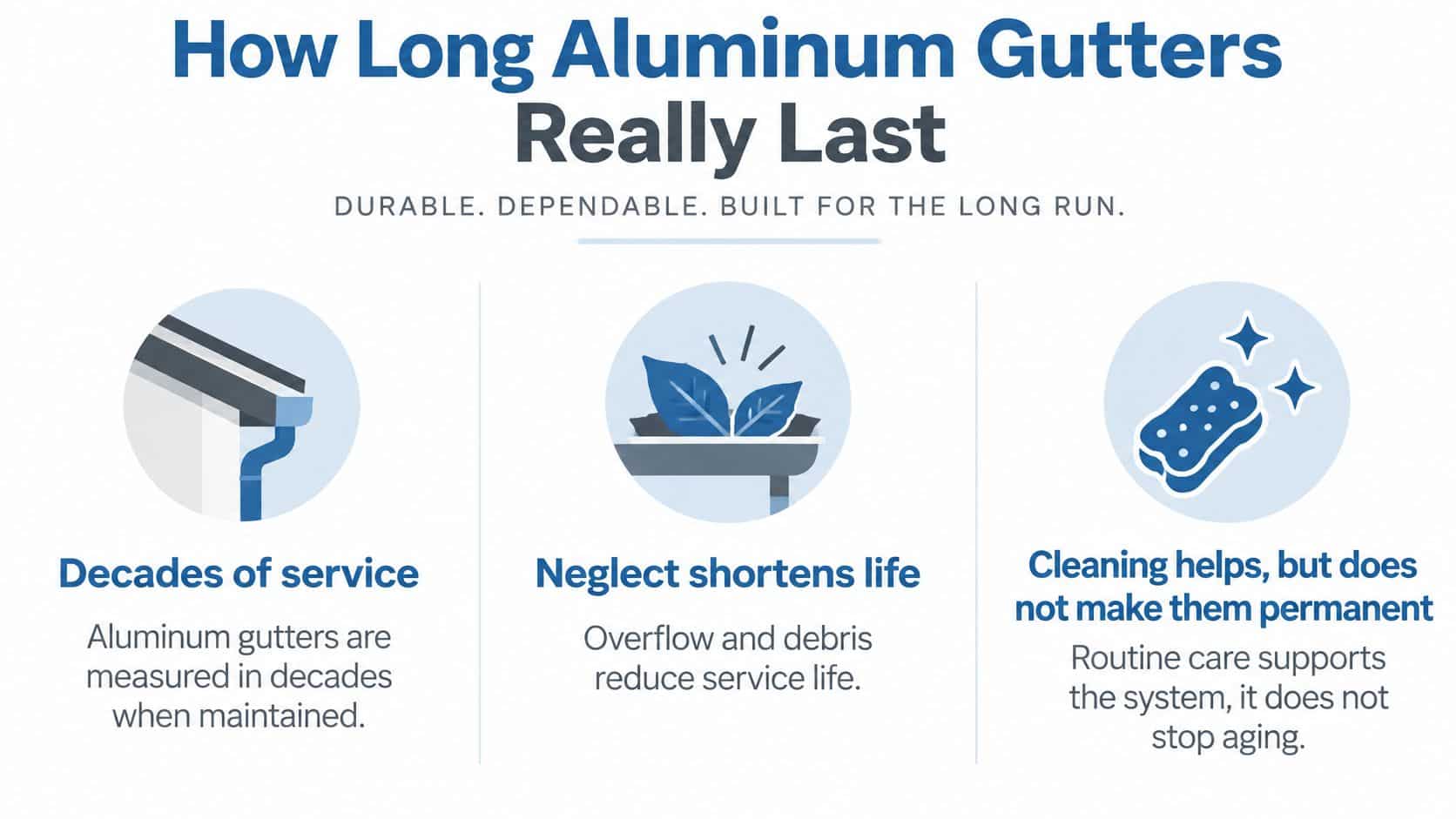 An infographic titled How Long Aluminum Gutters Really Last, explaining maintenance tips for longevity.
