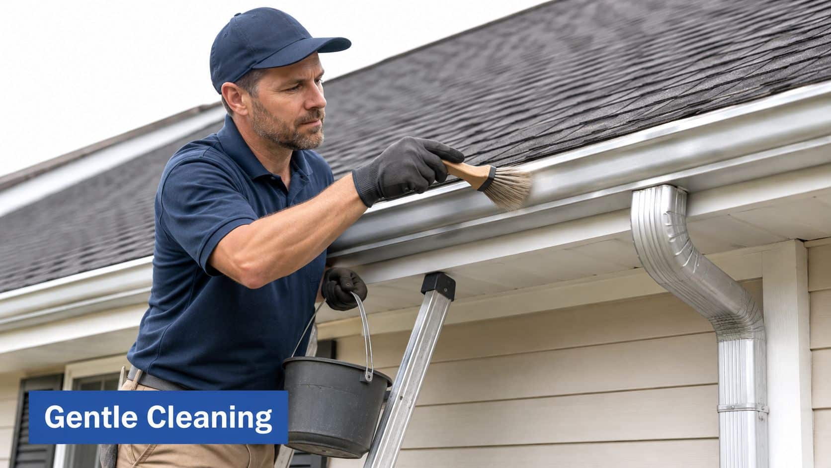 A professional service technician cleaning an aluminum gutter with a brush while standing on a ladder.