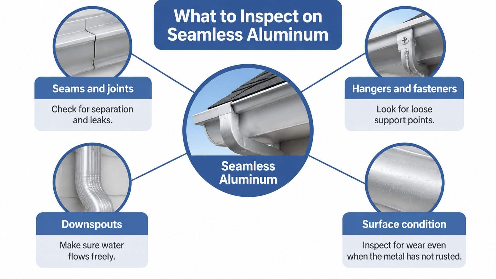 An infographic detailing four key maintenance areas to inspect on seamless aluminum gutters for home improvement.
