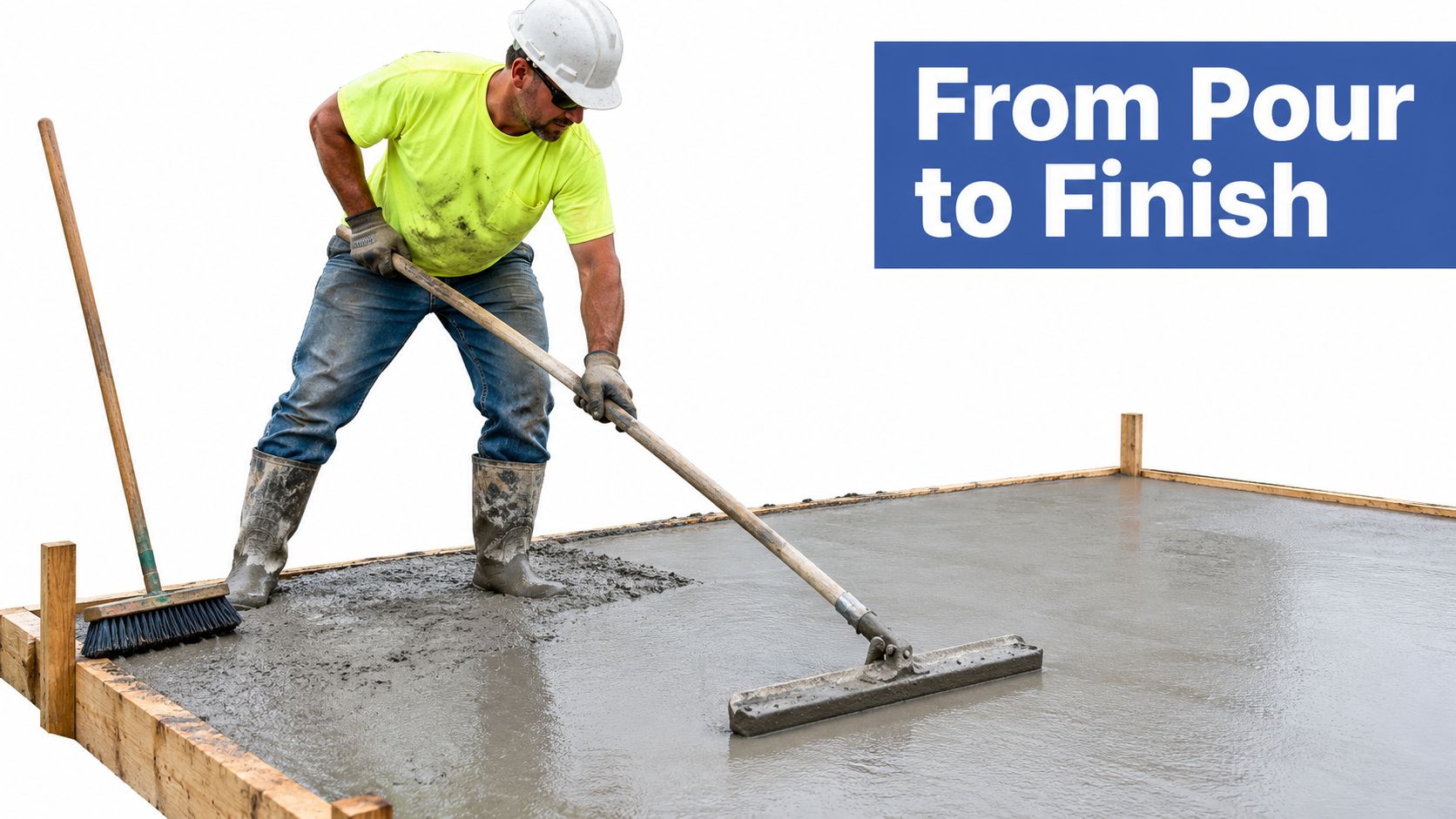 A construction worker in a hard hat smoothing wet concrete with a long-handled tool on a frame.