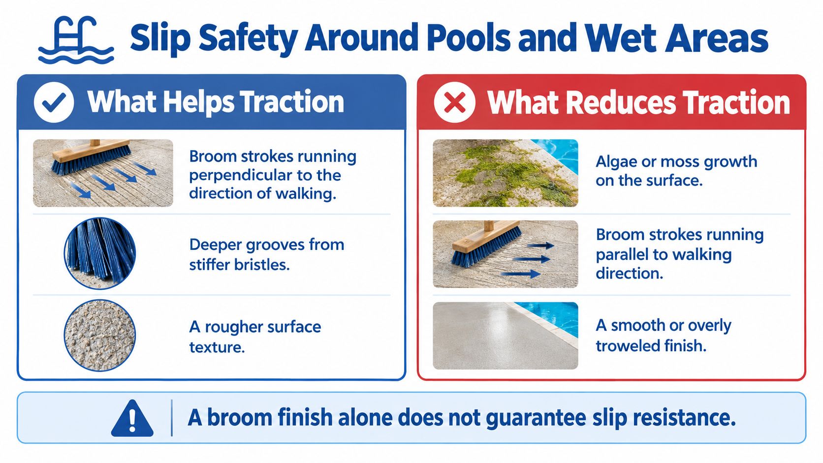 A safety infographic showing factors that improve or reduce traction on pool decks and wet surfaces.