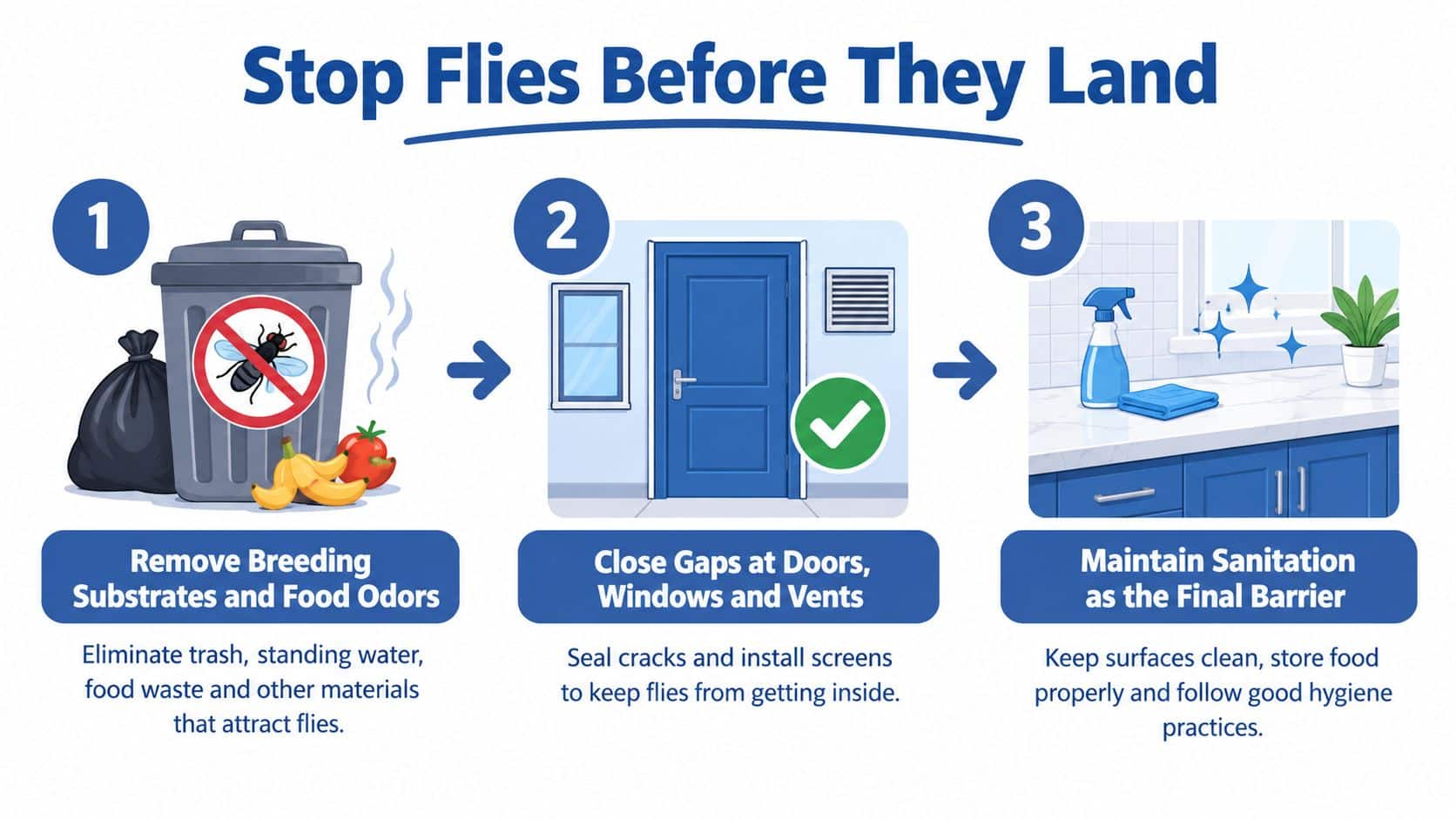 An infographic illustrating three effective steps to prevent fly infestations in a home or kitchen.