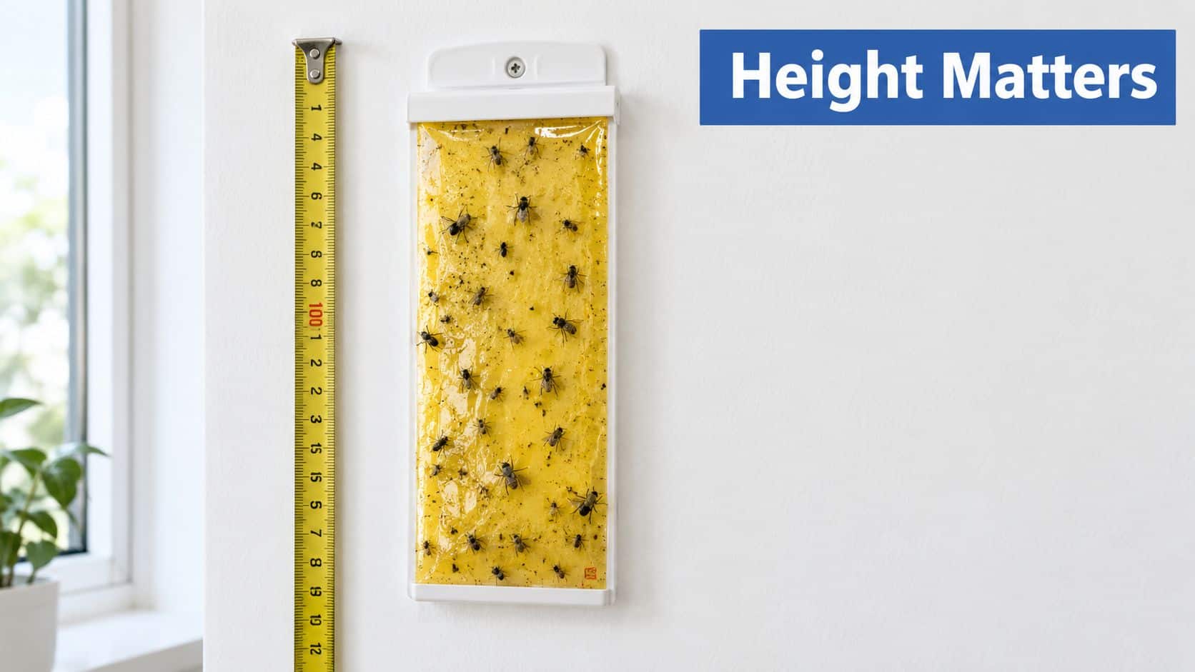 A yellow sticky fly trap hanging on a white wall next to a measuring tape.
