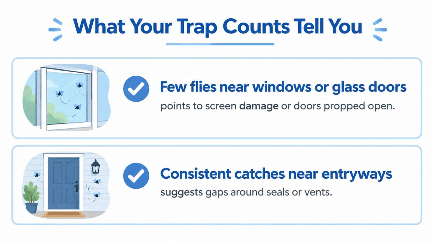 An infographic titled What Your Trap Counts Tell You, highlighting common fly entry points around windows and doors.