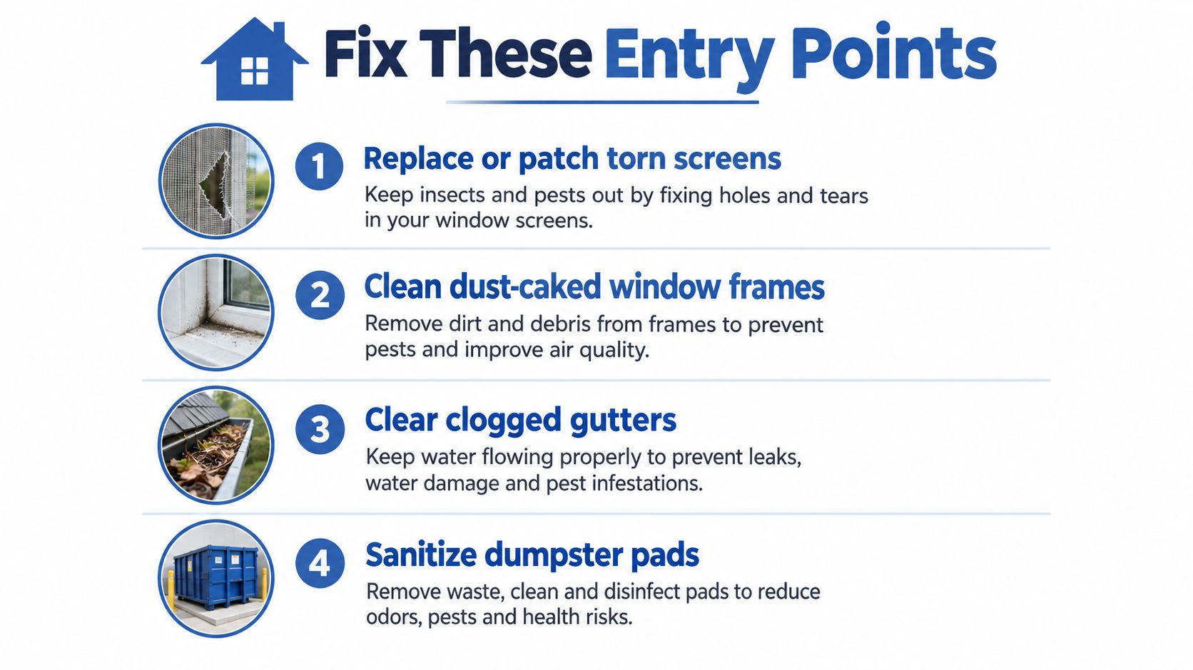 An infographic list showing four important maintenance tips to prevent pests from entering your home or building.