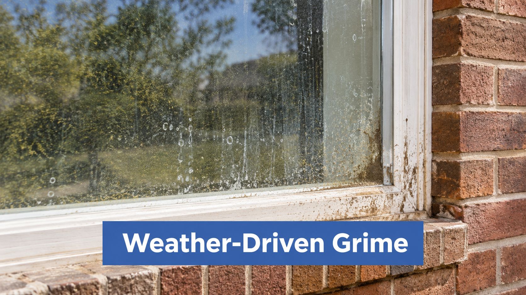 A dirty residential window covered in mud and grime caused by weather conditions on a brick exterior.