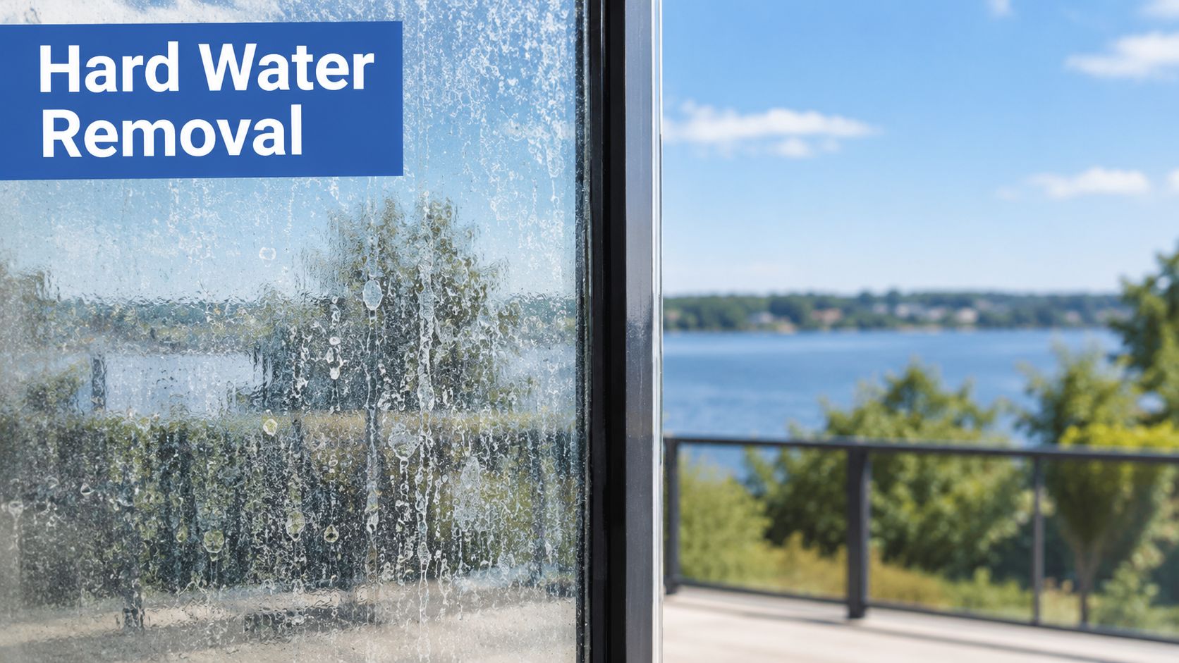 A close-up view of a dirty glass window pane with visible hard water mineral deposits and stains.