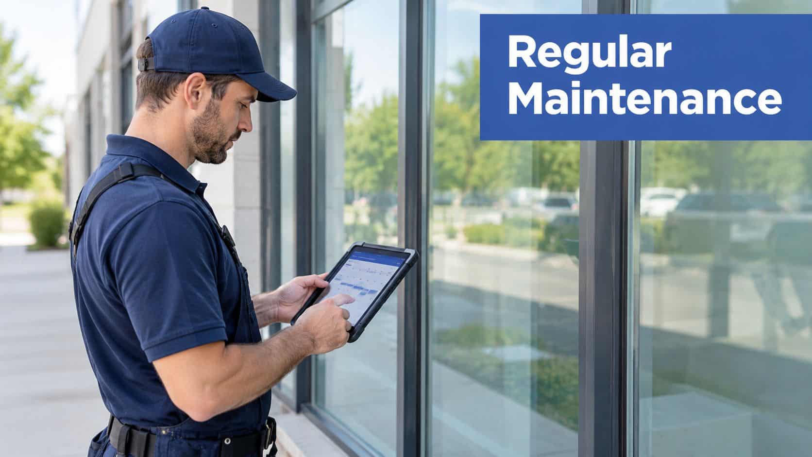 A professional maintenance worker in a blue uniform reviews a digital schedule on his tablet outdoors.