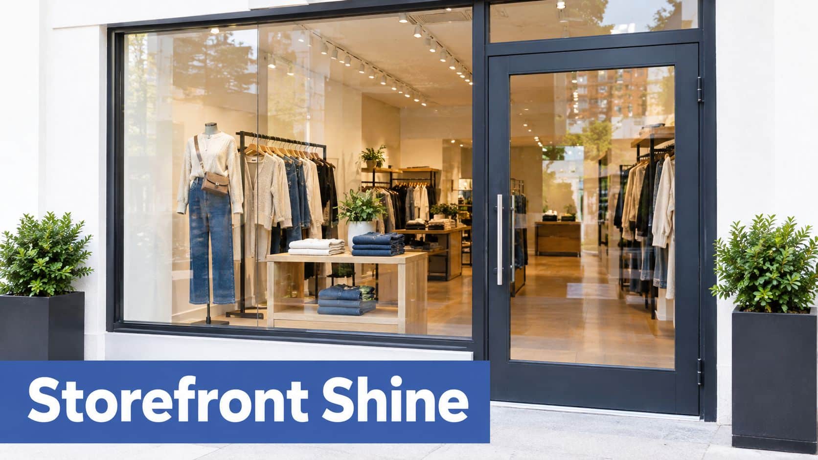 A clean and modern retail clothing store front featuring large glass windows and potted plants.