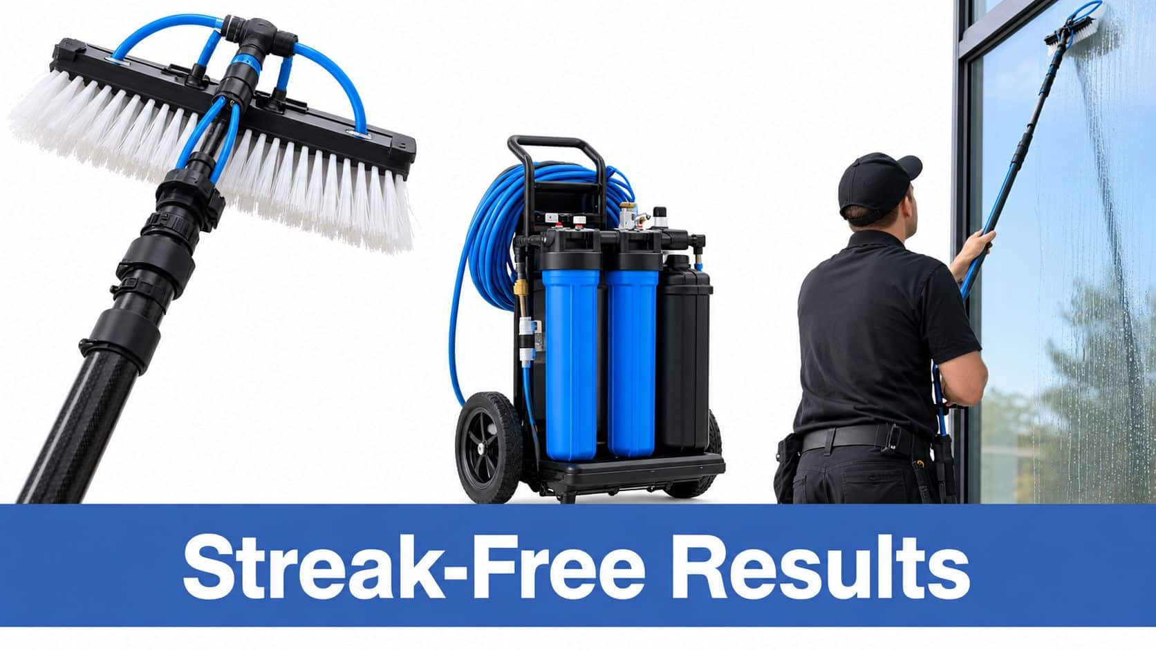 A professional window cleaner uses a long brush with a water-fed filtration system for streak-free windows.