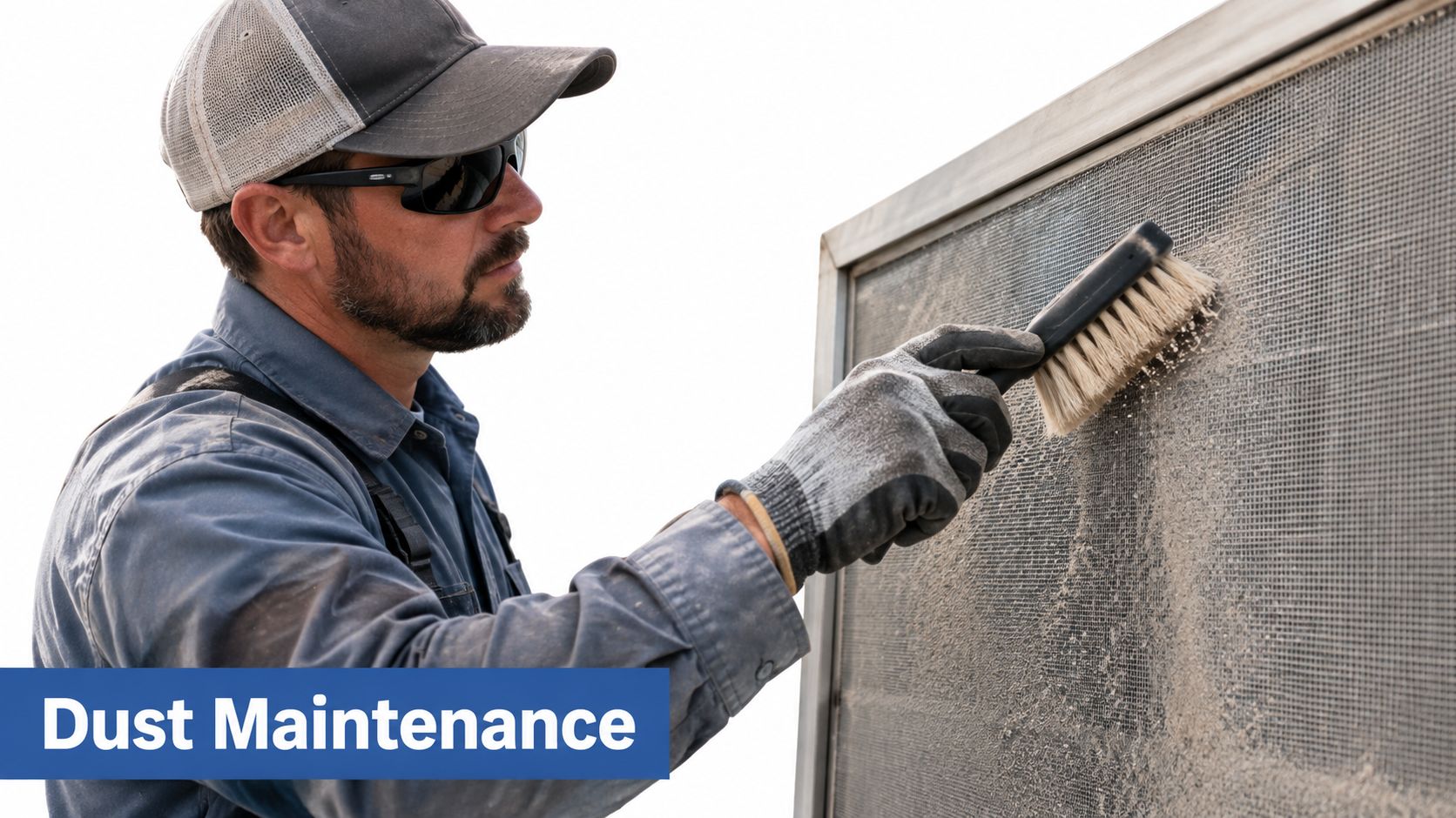 A professional maintenance worker in a cap and gloves cleaning dust off a commercial window screen.