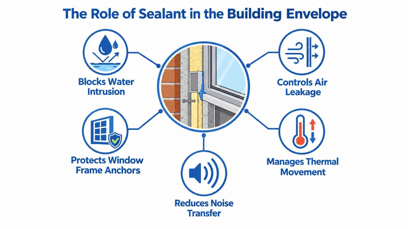 A diagram illustrating the five key roles of sealant in a commercial building window envelope.