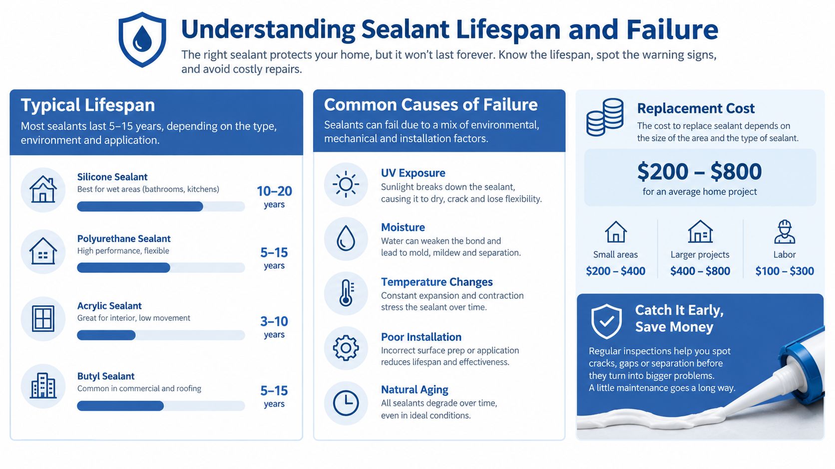 An infographic detailing the typical lifespan of various sealants, common causes for failure, and replacement costs.
