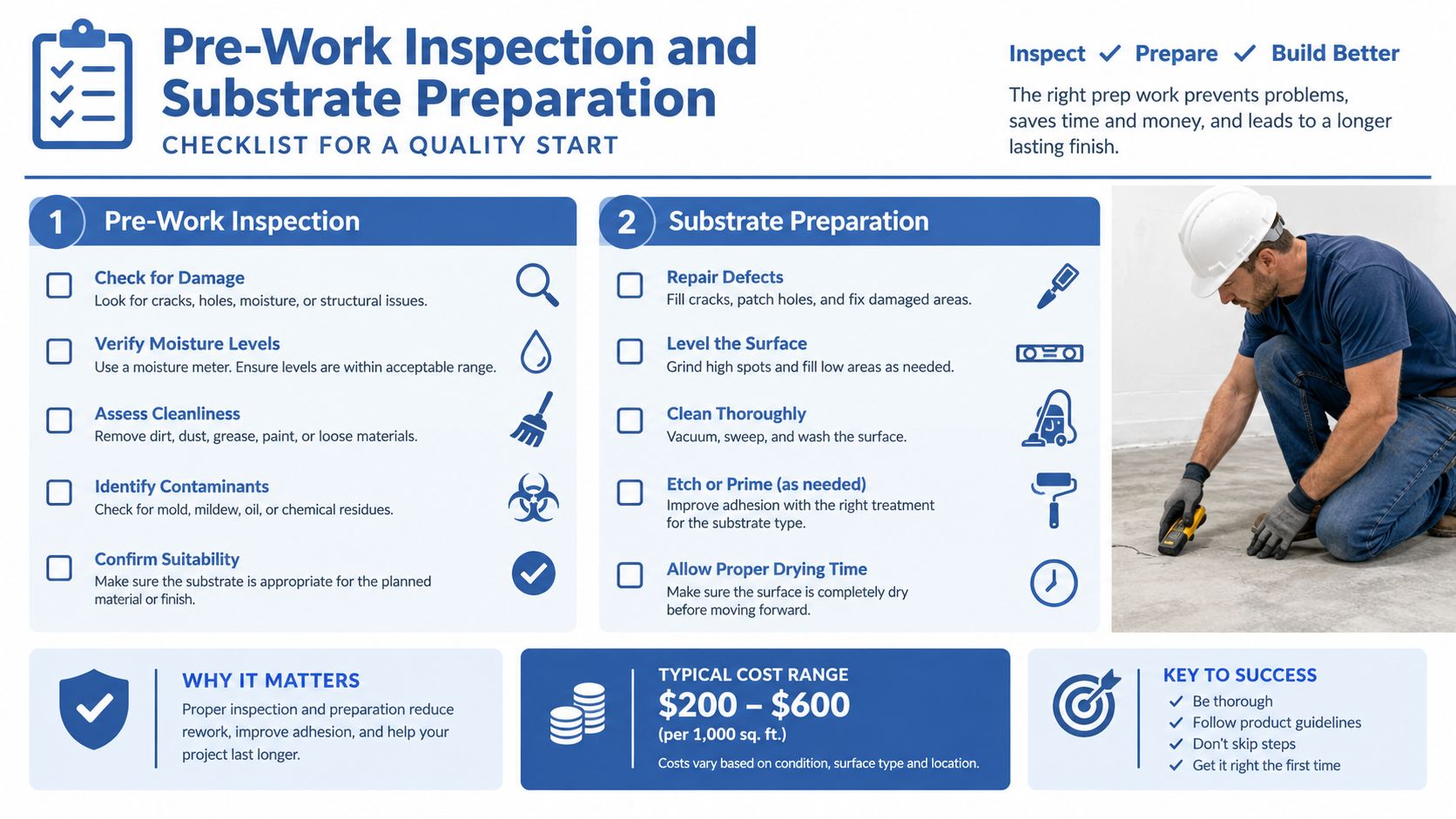 A professional construction checklist guide for pre-work inspection and substrate preparation for a quality project finish.
