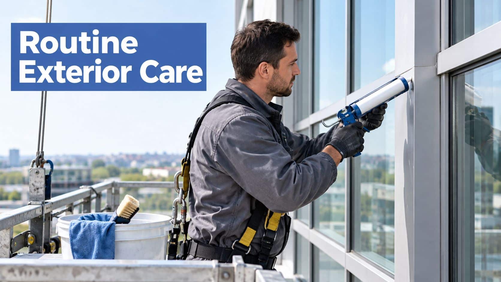 A professional construction worker applying sealant to high-rise commercial building window frames while suspended on a platform.