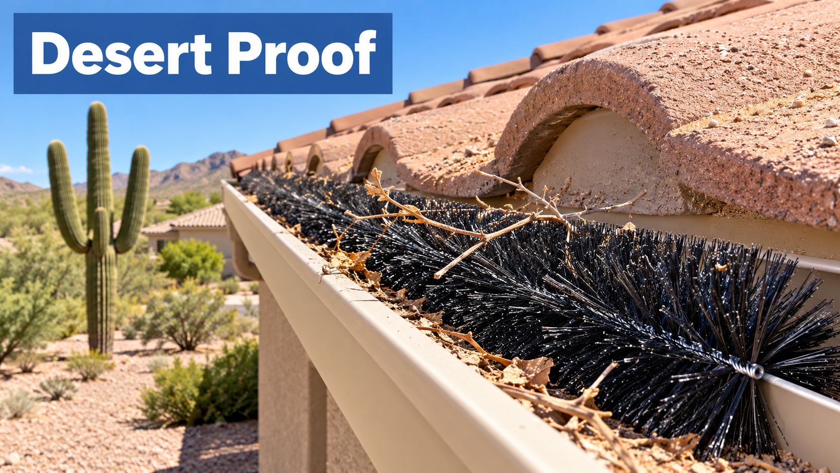 A black gutter cleaning brush installed in a roof gutter with a desert landscape in the background.