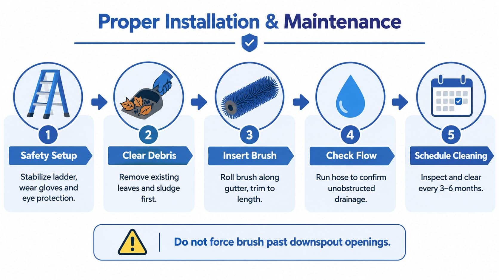 A five-step infographic showing the proper installation and maintenance procedure for using a gutter cleaning brush.