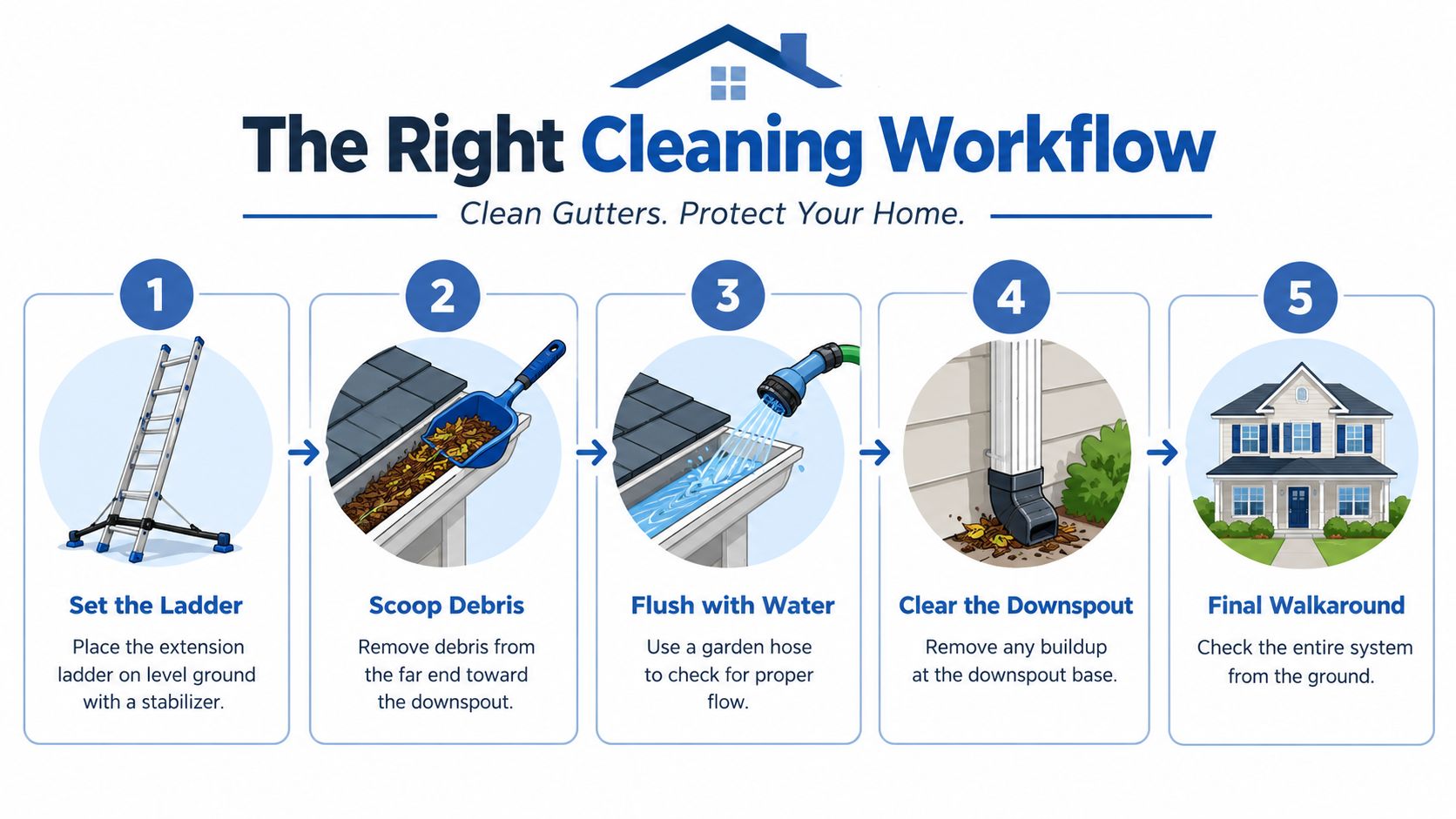 An illustrated five-step guide on the professional workflow for safe and effective gutter cleaning maintenance.