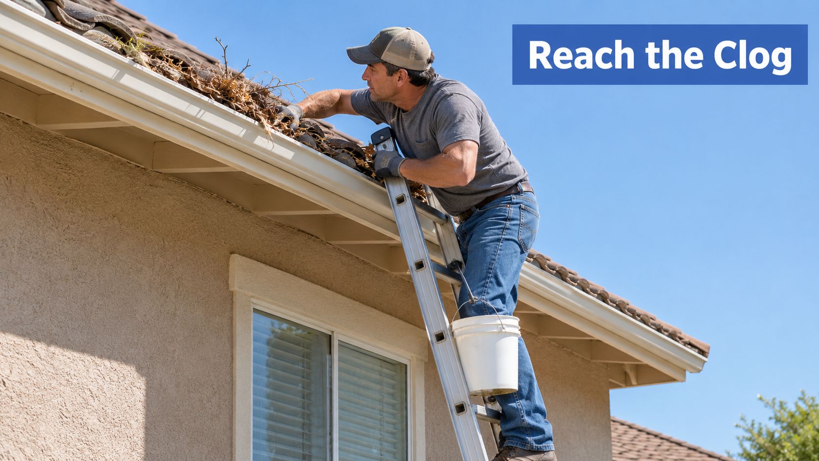 A professional man standing on a ladder cleaning out dead leaves and debris from a home roof gutter.