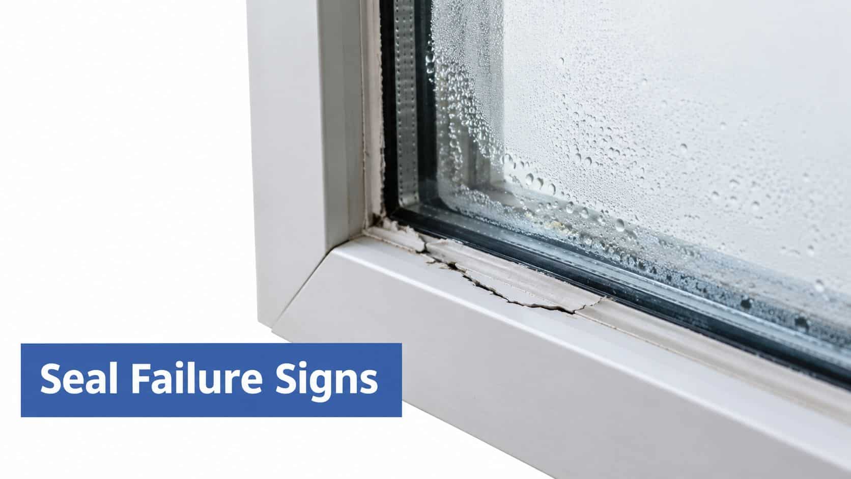A close-up view of a window frame showing cracked sealant and condensation inside the glass panes.
